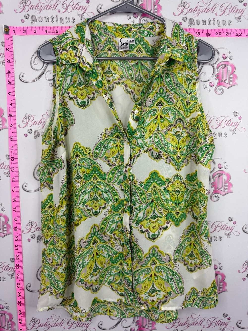 Sash tank top vintage Green & Yellow Paisley Sleeveless Blouse